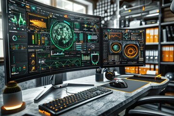 Obraz premium Modern Futuristic Workstation with Monitors Displaying Data and Analytics