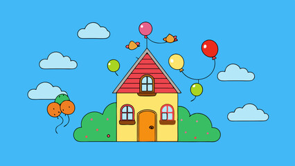 cartoon house with a lot of balloons vector illustration