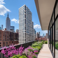 Fototapeta premium City skyline with plants and flowers on balcony