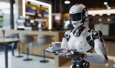 Fototapeta premium Advanced humanoid robot serving coffee in a modern cafe