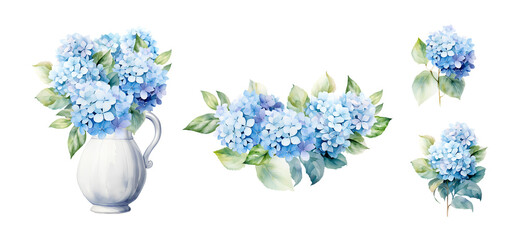 Watercolor set of blue hydrangea bouquets