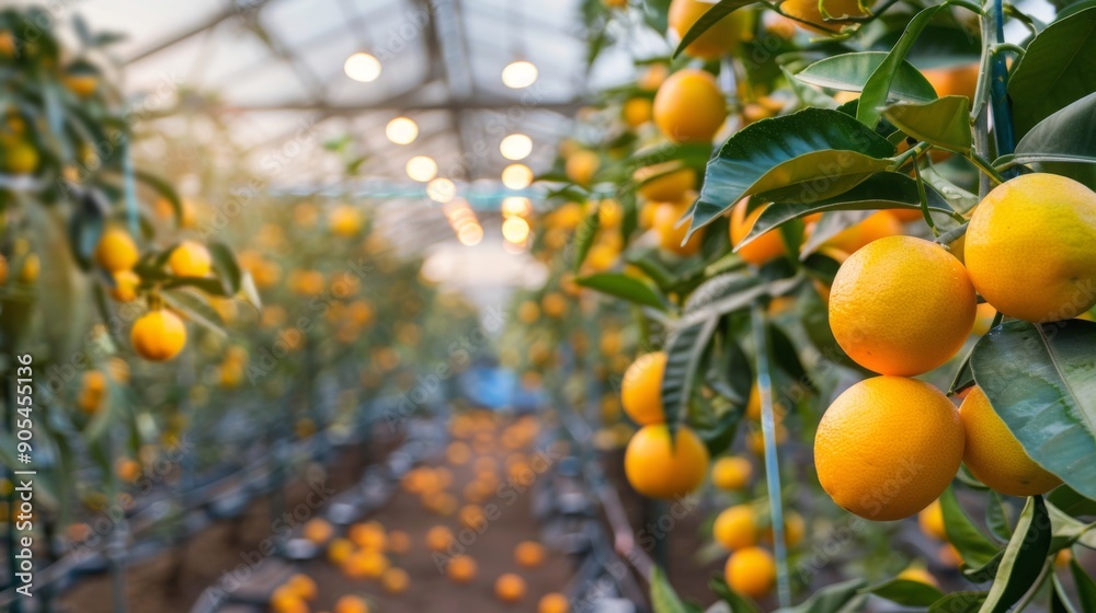 Aufkleber Ripe oranges hang from citrus trees inside a greenhouse, softly illuminated by string lights, creating a warm atmosphere.