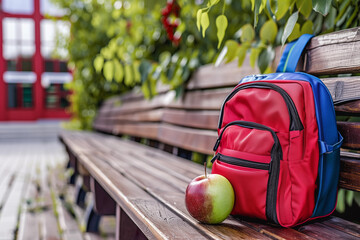 Back to school concept. Colorful backpack resting on a park bench with a fresh apple nearby at midday