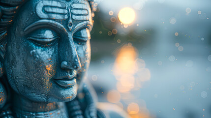 Lord Shiva face sculpture religion Hinduism spirituality bokeh background divine deity God peaceful meditation serene tranquil blue gold