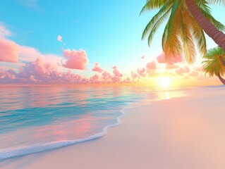 Beautiful beach with pink clouds at sunset