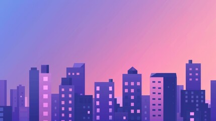 Urban sunset skyline. A colorful minimalist cityscape with a vibrant sky blending pink and purple hues, perfect for projects about city life and urban landscapes.