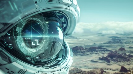 Space exploration through astronaut visor. Experience the awe of space travel through the advanced visor of an astronaut, showcasing the breathtaking view of a distant planet's surface.