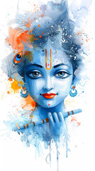 Watercolor portrait of Krishna Hindu God playing Bansuri flute peacock feather blue face spiritual art religion culture tradition devotional artwork divine