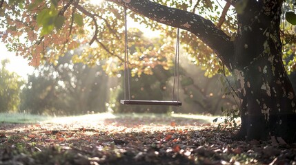 Obraz premium Swinging under autumn sunlight. A solitary wooden swing hangs from a large tree branch, bathed in the warm glow of autumn sunlight. Fallen leaves cover the ground, adding to the serene atmosphere.
