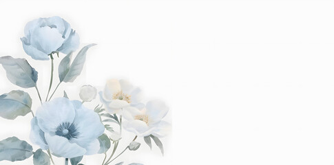 Fototapeta premium Watercolor blue floral frame on white background, pastel colors, with copy space for text. Elegant blue flowers, invitation wedding card