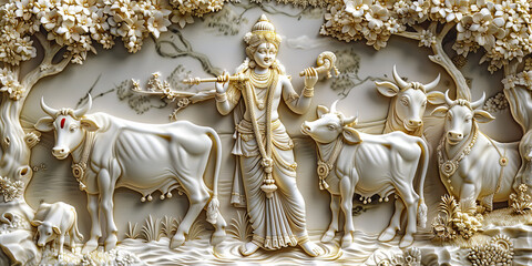 Hindu god Krishna playing flute with cows sculpture art Handmade work of hindu god Krishna