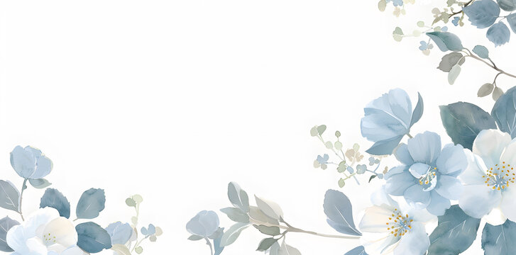 Watercolor blue floral frame on white background, pastel colors, with copy space for text. Elegant blue flowers, invitation wedding card