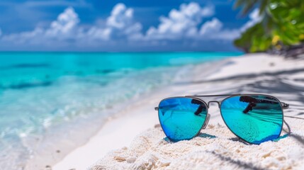 Beach vibes. Blue sunglasses rest on a pristine white sand beach with turquoise ocean waves and palm trees in the background, evoking a sense of relaxation and paradise.