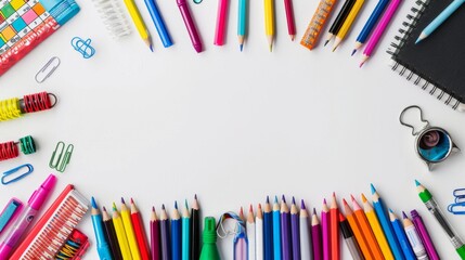 Fototapeta premium Background of colorful school supplies isolated on white. Back to school concept