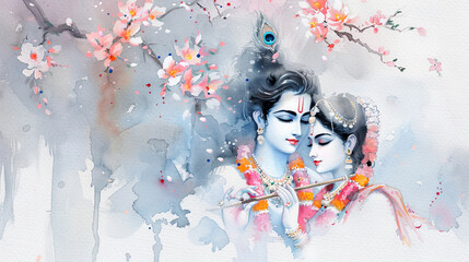 Radha Krishna love art Hindu God painting watercolor religious blossom spiritual culture tradition divine couple