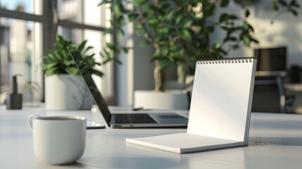 Modern workspace with open notebook. A bright home office with a blank notebook, laptop, and a cup of coffee, ready for work.