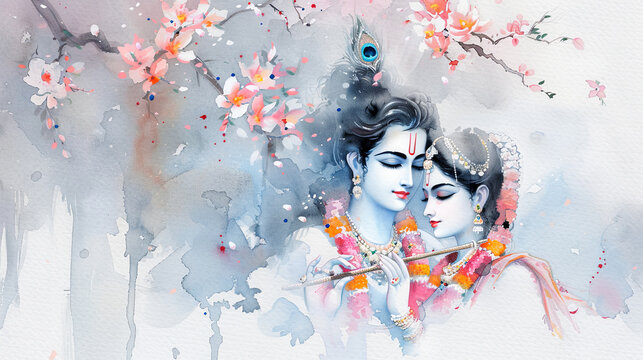 Naklejki Radha Krishna love art Hindu God painting watercolor religious blossom spiritual culture tradition divine couple