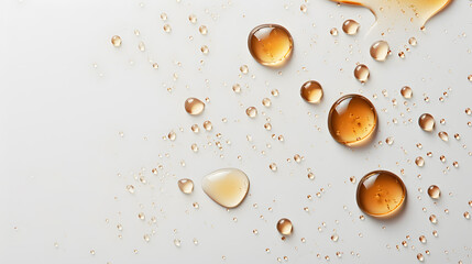 Top view drops of olive oil or oily cosmetic liquid dripping on white background