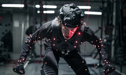 Mocap actor with reflective markers, poised for performance capture