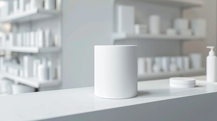 White cylinder product display on retail counter. Unbranded white cylinder container on a store counter with rows of products on shelves in the background, ideal for showcasing packaging design.
