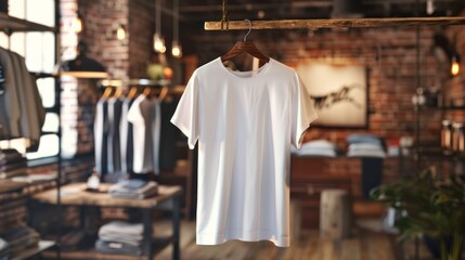 Blank white t-shirt hanging in store. A plain white tee hangs on a rack in a retail store, showcasing a versatile clothing option for various designs and styles.