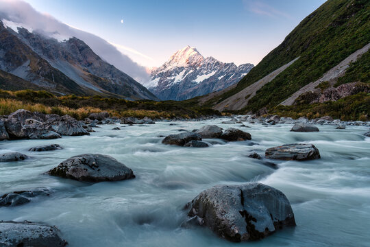 Hooker valley track with Mt Cook or Aoraki and hooker lake flowing in national park at New Zealand