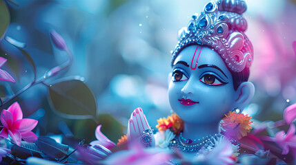 Lord Krishna Bal Gopal Laddu Gopal n God Divine Religion Hinduism Spirituality Faith Belief Culture Tradition Blue Background Flowers Decorated