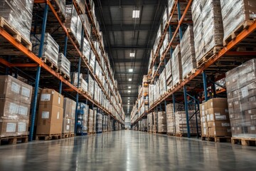 Fototapeta premium Rows of Palletized Cardboard Boxes in a Warehouse