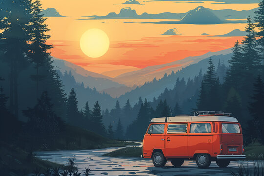 Camping design illustration, vintage style, digital art, poster cartoon