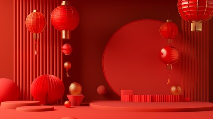 Chinese lunar new year theme. Chinese traditional texture. 3d abstract minimal geometric forms