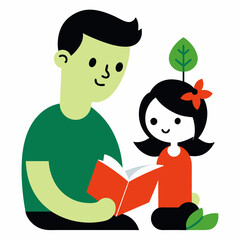 cute girl read books with dad leaf on white bg vector illustration