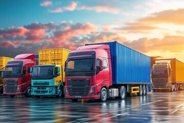 Four Semi-Trucks with Containers Parked on Wet Pavement Under a Sunset Sky