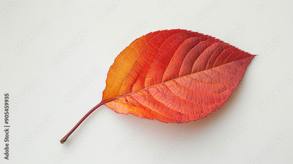 Wall mural close-up of a vibrant red and orange autumn leaf on a white background. nature and fall season conce