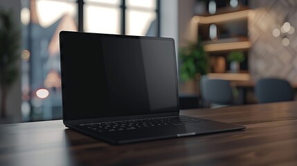 Blank laptop screen on workspace desk. A minimalist workspace featuring a closed, thin-bezel laptop with a dark display on a wood-grain desk.