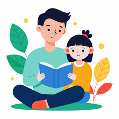 cute girl read books with dad leaf on white bg vector illustration