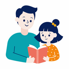 cute girl read books with dad leaf on white bg vector illustration