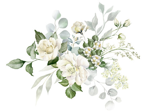 Watercolor white flowers arrangement. Floral bouquet of creamy peony, ivory rose, sage green foliage,  greenery and eucalyptus leaves.  Hand painted illustration for wedding invitation, background