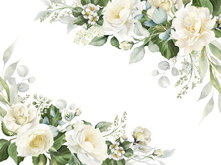 Watercolor white flowers corner border. Floral bouquet of creamy peony, ivory rose, sage green foliage,  greenery and eucalyptus leaves.  Hand painted illustration for wedding invitation, background