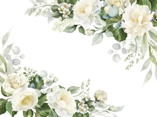 Schilderijen op glas Geschilderde Bloemen Watercolor white flowers corner border. Floral bouquet of creamy peony, ivory rose, sage green foliage,  greenery and eucalyptus leaves.  Hand painted illustration for wedding invitation, background  © Nataliya Kunitsyna