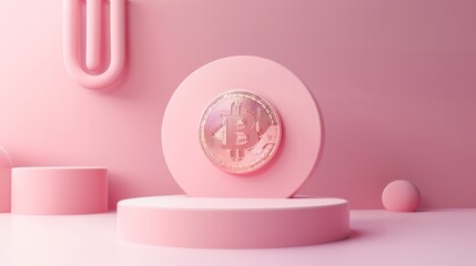 3d rendering of minimal scene of blank podium with cryptocurrency bitcoin theme. Display stand for product presentation mock up. Cylinder stage in sweet lovely pink color with simple design