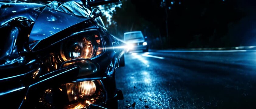 Car Accident & Road Safety. Car Accident at Night: Damaged Vehicle with Headlights On, Blurred Car Approaching in the Background. Safety, Insurance, Accident Prevention Concep