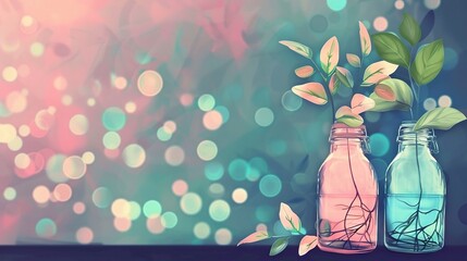   A pair of bottles containing water and a plant emerging from one of their tops