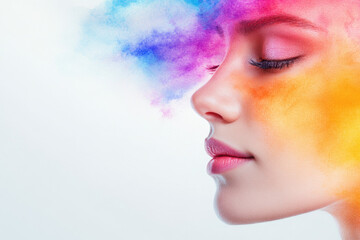 Vibrant portrait of a woman with colorful powder smoke, showcasing beauty and creativity in art and fashion photography.