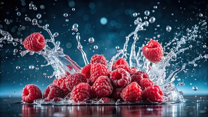 Action shot of raspberry fruits being splashed in a commercial photography style, raspberry, fruits, action, shot, splashes