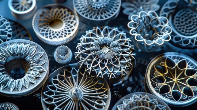 Produce a high-resolution image of diatoms under a microscope, showcasing their intricate silica shells and geometric patterns