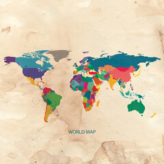 World map color on vintage old paper