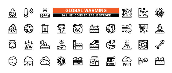 36 Global Warming Line Icons Set Pack Editable Stroke Vector Illustration.