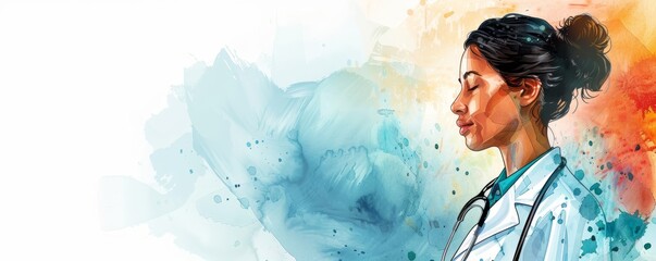 A thoughtful healthcare professional steps into a moment of reflection, embodying dedication and compassion in a vibrant setting.