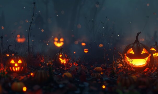 Spooky Halloween night with eerie fog and glowing jack-o'-lanterns, 31st October