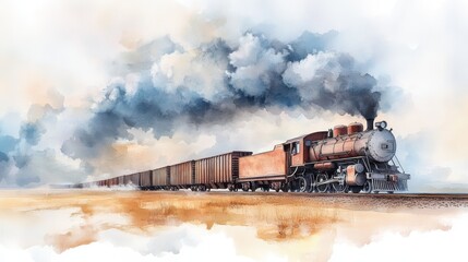 A vintage steam locomotive pulling a train of freight cars through a vast, open landscape.  The train is billowing smoke, creating a dramatic scene.